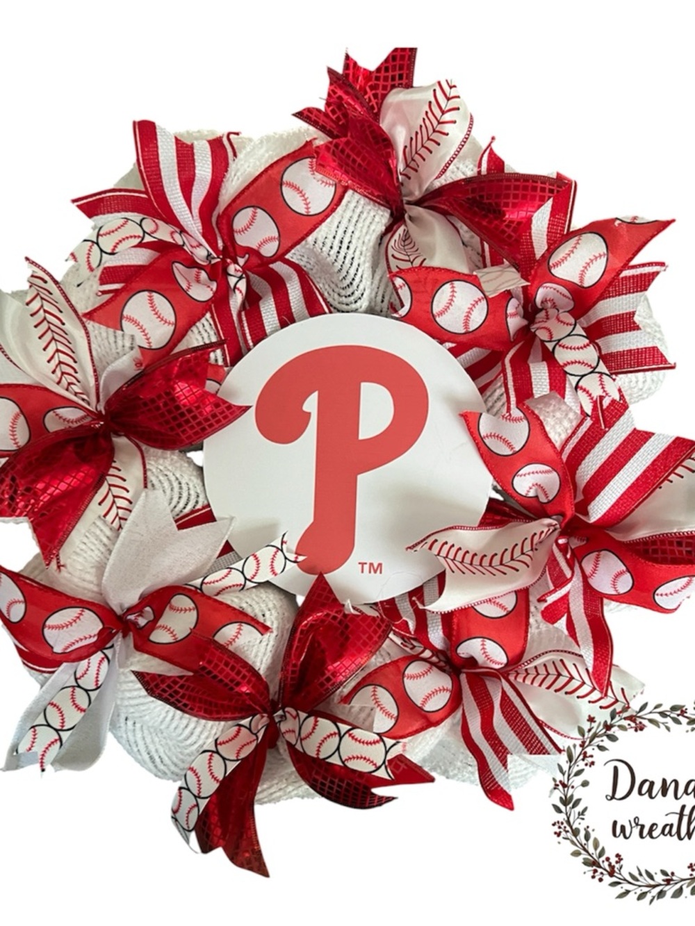 Philadelphia Phillies Red and White Baseball Ribbon Wreath - Team Decor